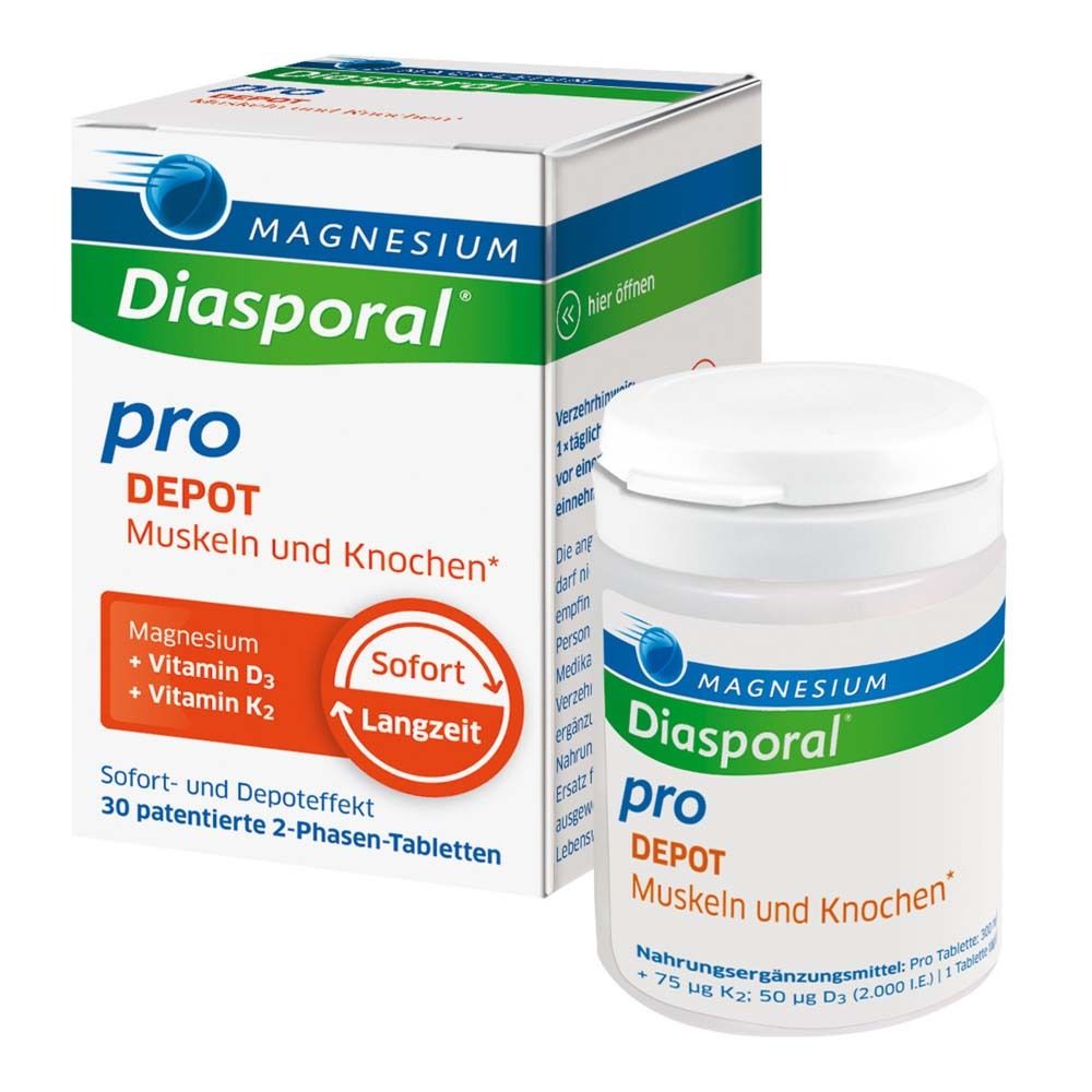 Magnesium-Diasporal® Pro DEPOT Muskeln und Knochen Packung und Dose. Enthält Magnesium, Vitamin D3 und K2. 30 Tabletten.
