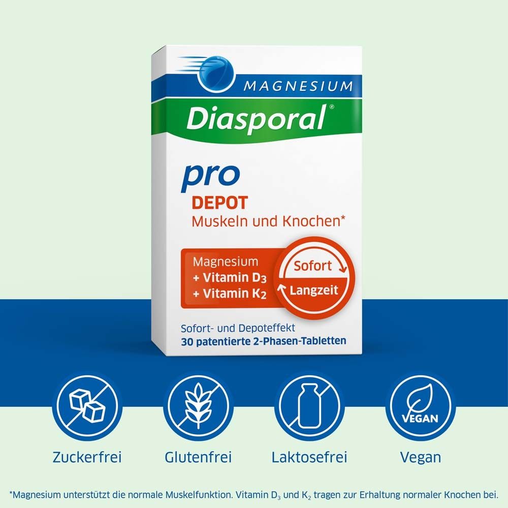 Magnesium-Diasporal® Pro DEPOT Muskeln und Knochen Packung. Enthält Magnesium, Vitamin D3 und K2. Vegan, zucker-, gluten- und laktosefrei.