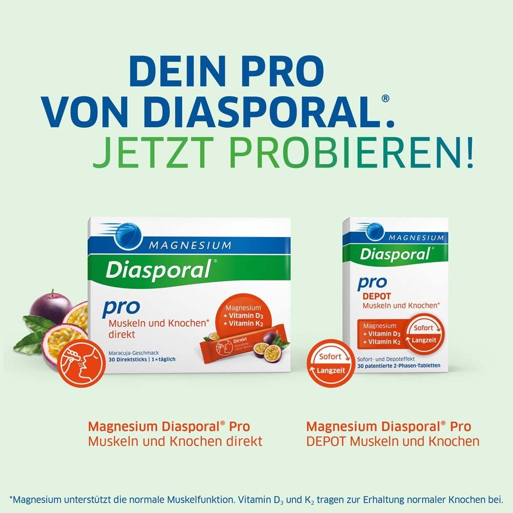 Werbung: Dein Pro von Diasporal. Jetzt probieren! Magnesium Diasporal Pro Muskeln und Knochen. 30 Beutel.