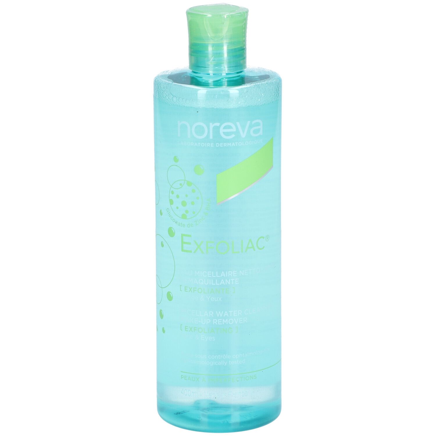 Türkisgrüne Flasche mit grünem Deckel. Aufschrift 'noreva Exfoliac'.