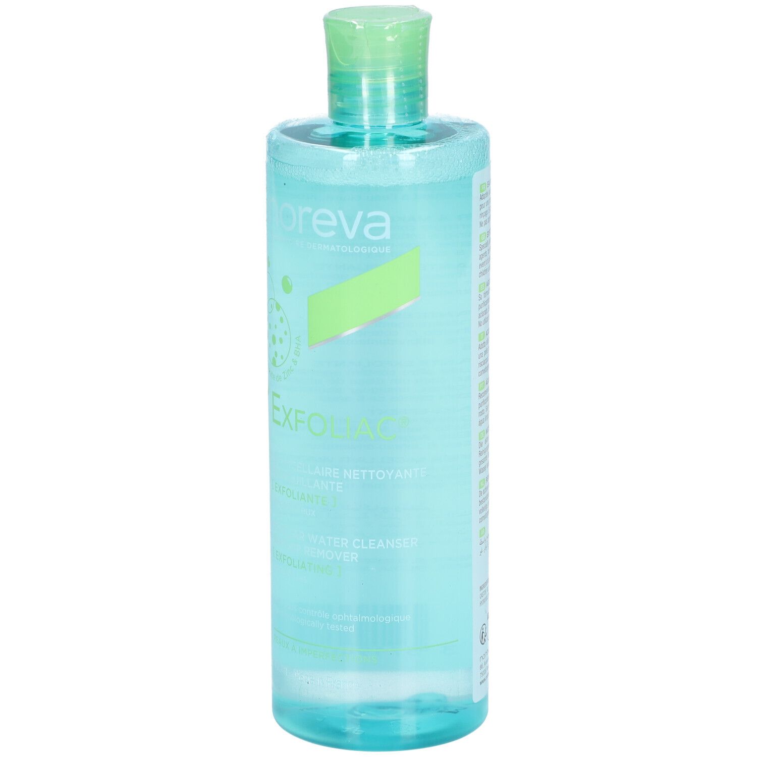 Türkisgrüne Flasche mit grünem Deckel. Aufschrift 'noreva Exfoliac'.