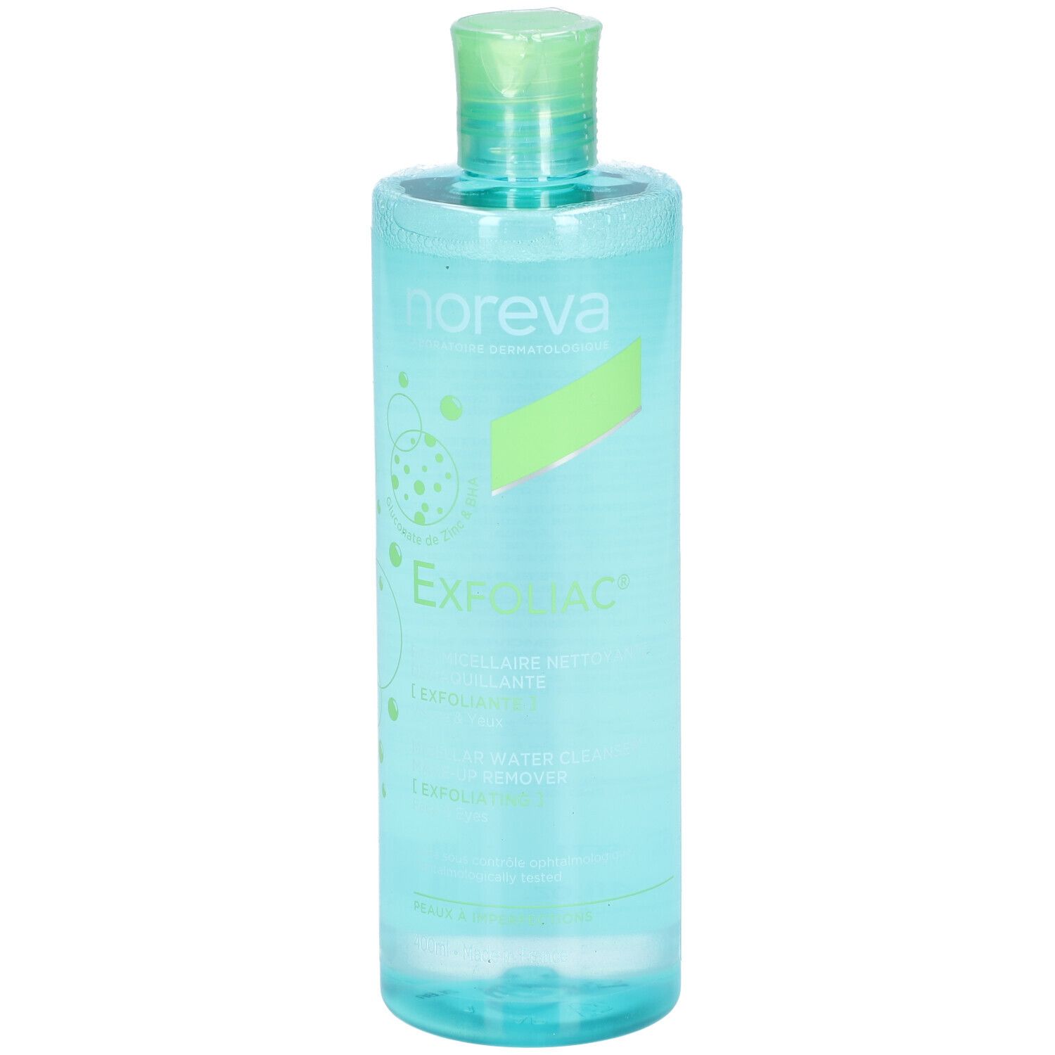 Türkisgrüne Flasche mit grünem Deckel. Aufschrift 'noreva Exfoliac'.