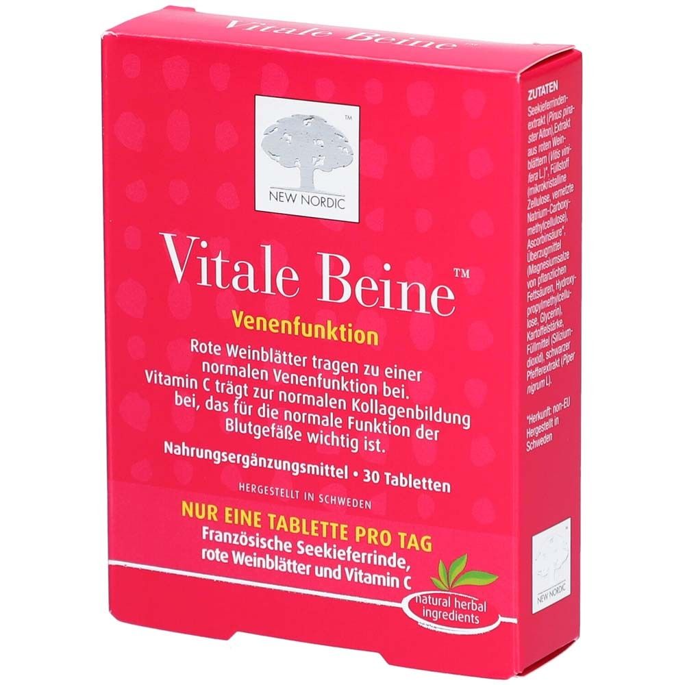 Rote Verpackung von Vitale Beine™ Venenfunktion. Enthält 30 Tabletten. Mit Text und Logo.
