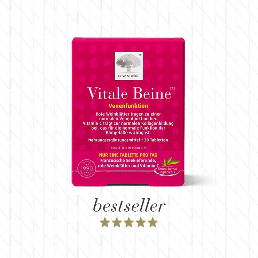 Rote Vitale Beine™ Venenfunktion Packung. Mit Logo, Text und Bestseller-Label.