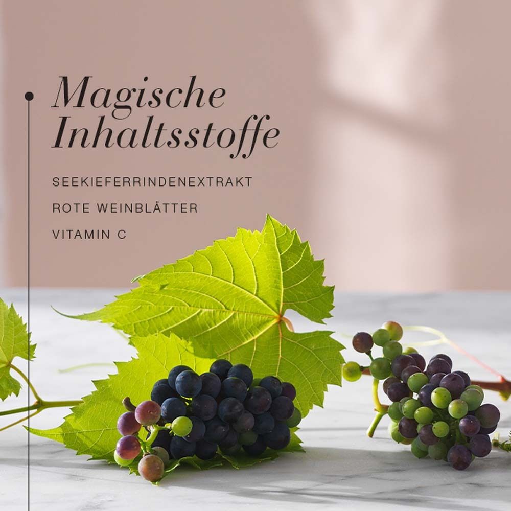 Blätter, Trauben und Inhaltsstoffe: Seekieferrindenextrakt, rote Weinblätter, Vitamin C.