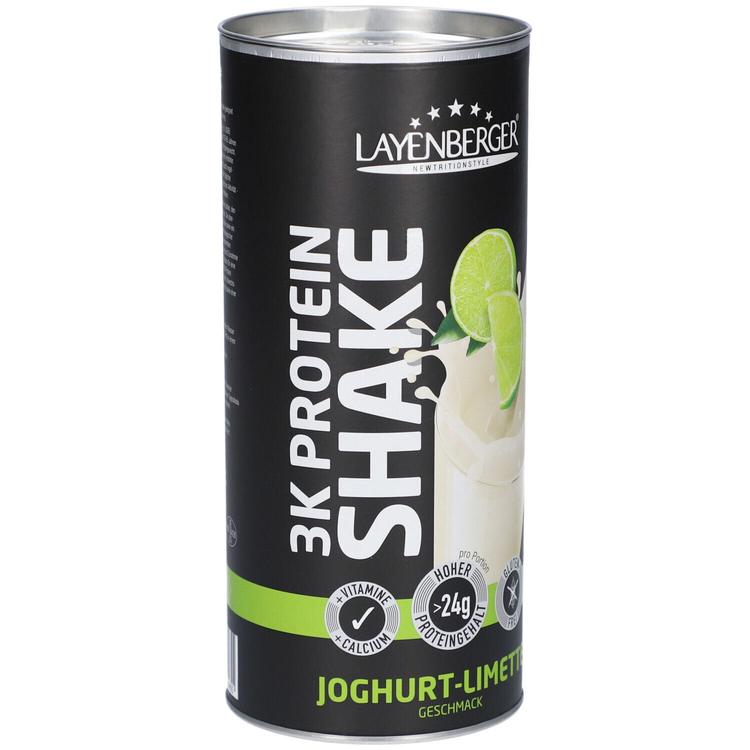 Zylinderdose Layenberger 3K Protein Shake Joghurt-Limette. Schwarzer Hintergrund, grüne Akzente. Produktabbildung mit Limetten.