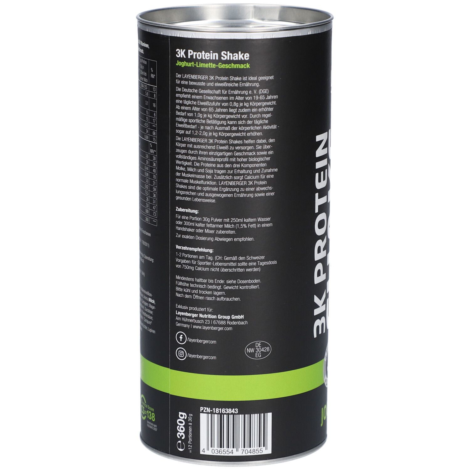 Rückseite der Dose Layenberger 3K Protein Shake. Schwarzer Hintergrund, grüne Akzente. Textinformationen, Nährwertangaben, Hersteller.