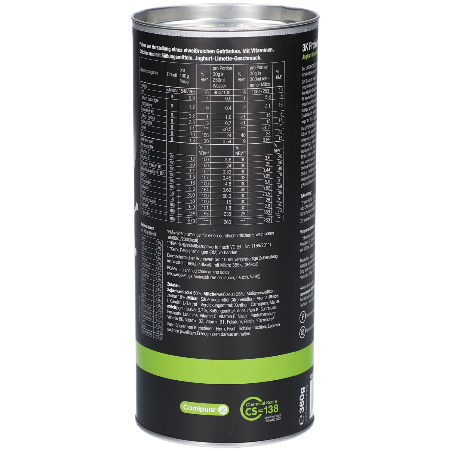 Detailansicht der Nährwerttabelle auf der Dose Layenberger 3K Protein Shake. Schwarzer Hintergrund, grüne Akzente. Tabellarische Darstellung.