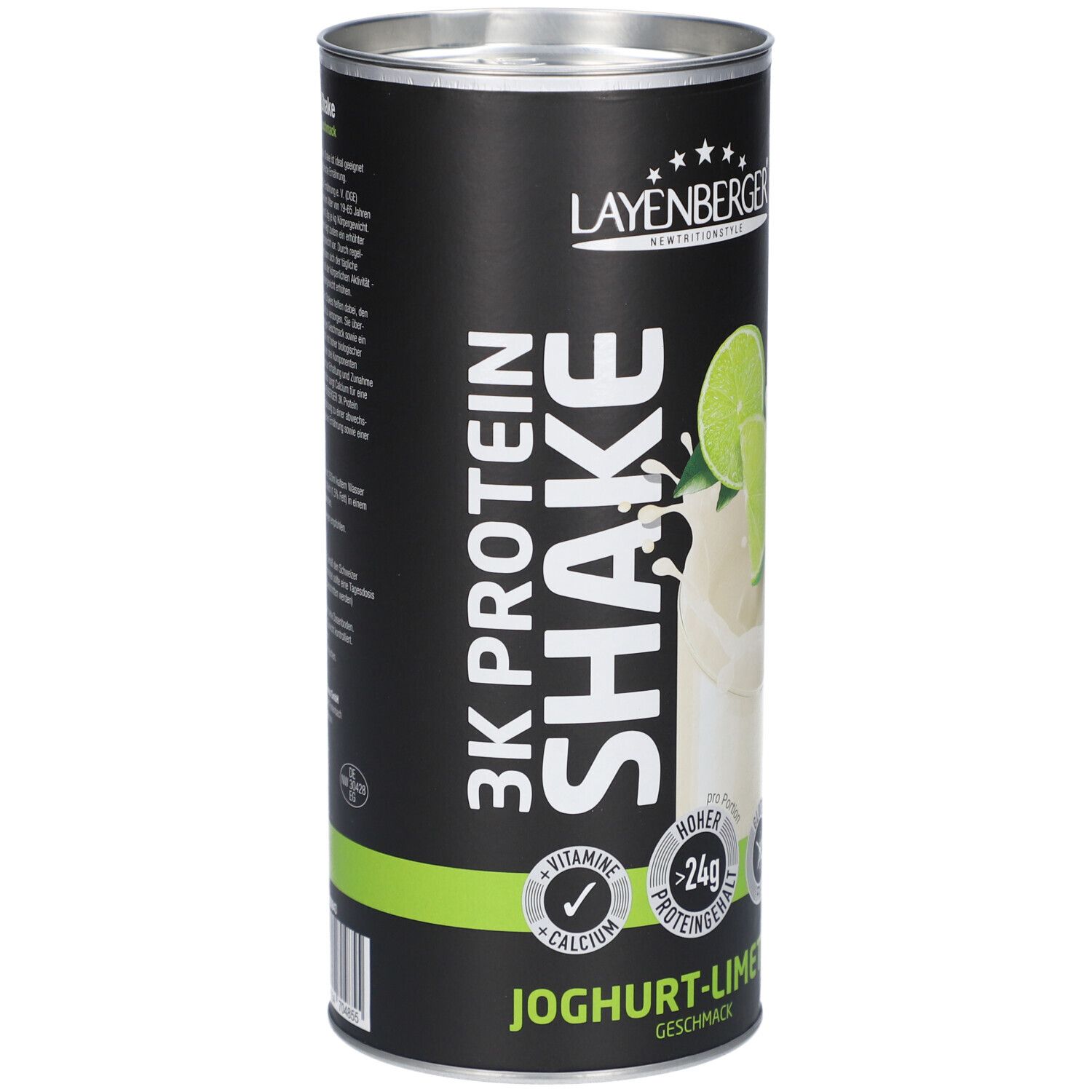 Layenberger 3K Protein Shake Dose, Joghurt-Limette. Schwarzer Hintergrund, grüne Akzente. Produktabbildung mit Limettenscheiben.