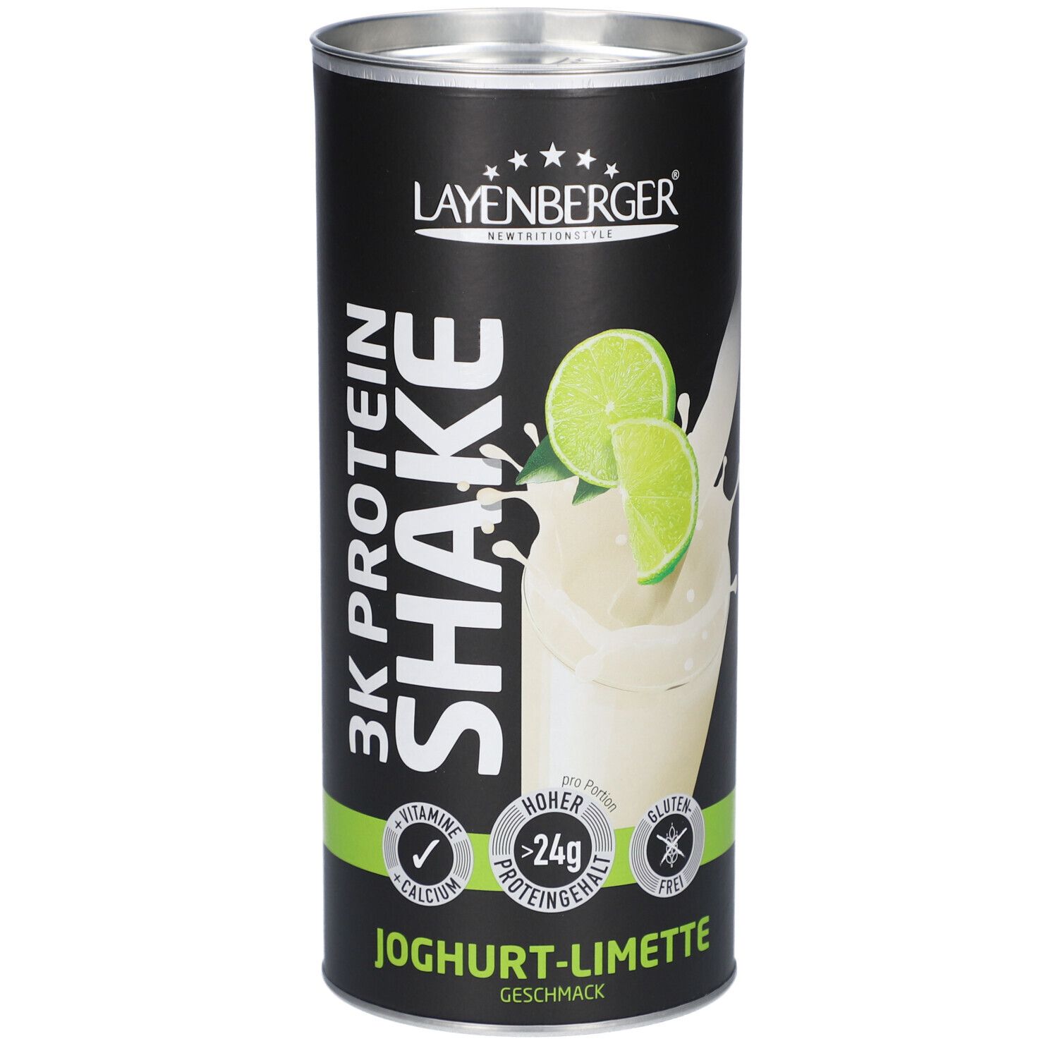 Layenberger 3K Protein Shake Dose, Joghurt-Limette. Schwarzer Hintergrund, grüne Akzente. Produktabbildung mit Limettenscheiben und Milch.