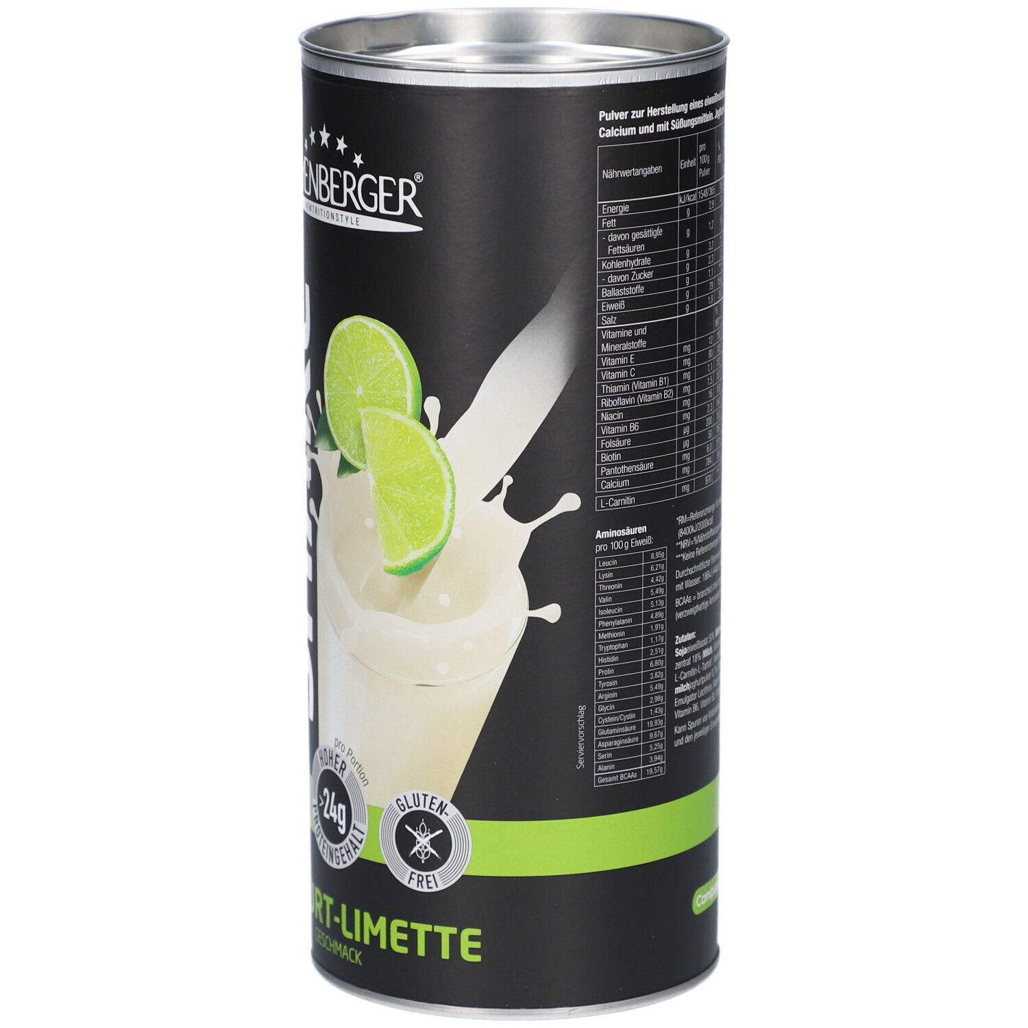 Layenberger 3K Protein Shake Dose, Joghurt-Limette. Schwarzer Hintergrund, grüne Akzente. Produktabbildung mit Limettenscheiben und Milch.