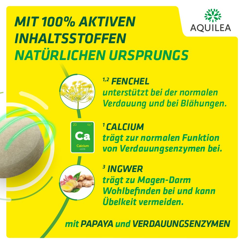 Grafik mit Inhaltsstoffen: Fenchel, Calcium, Ingwer. Text: Natürlichen Ursprungs. Mit Papaya und Verdauungsenzymen.