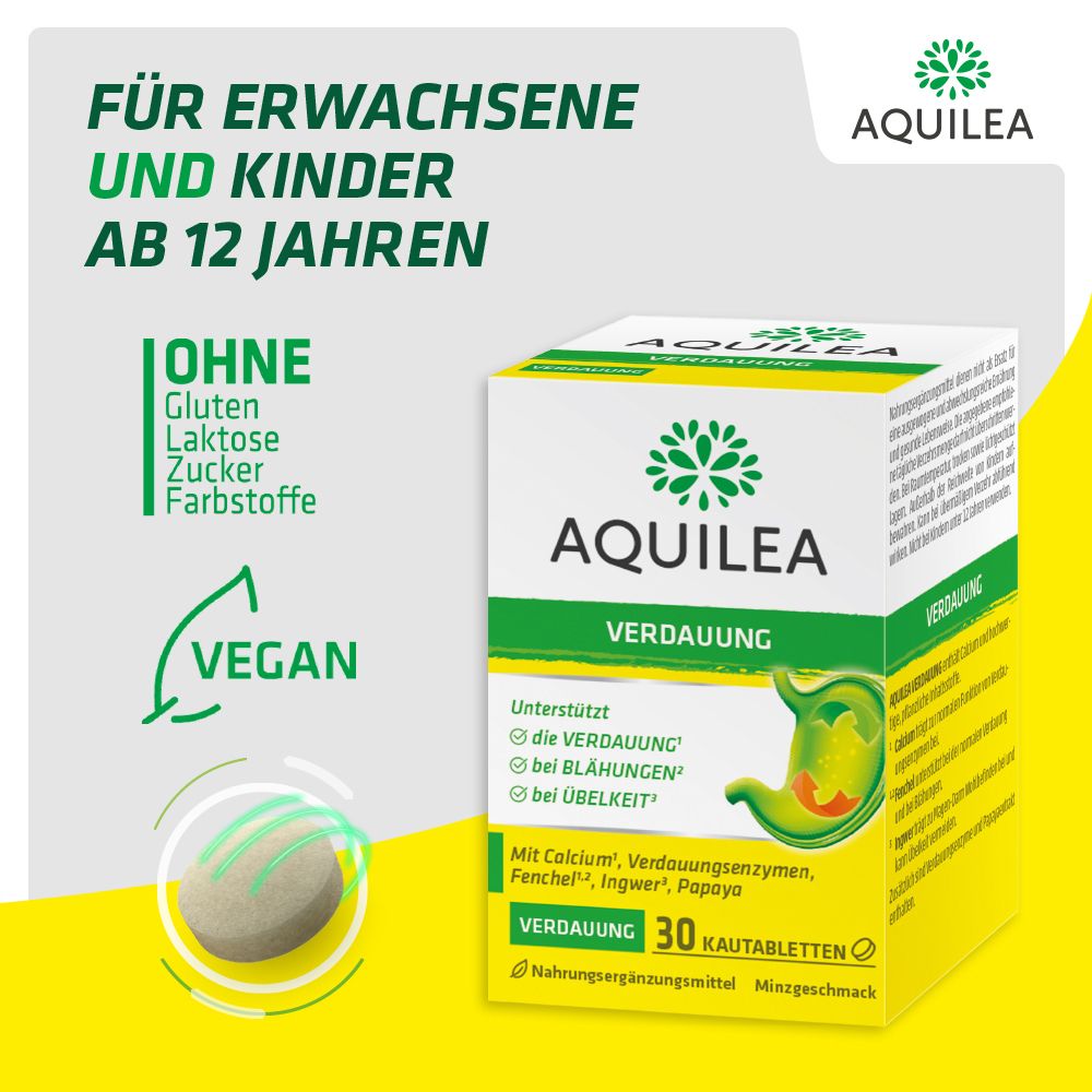 Verdauungstabletten-Packung. Grün-gelbe Schachtel mit Produktnamen und Logo. 30 Kautabletten. Vegan.