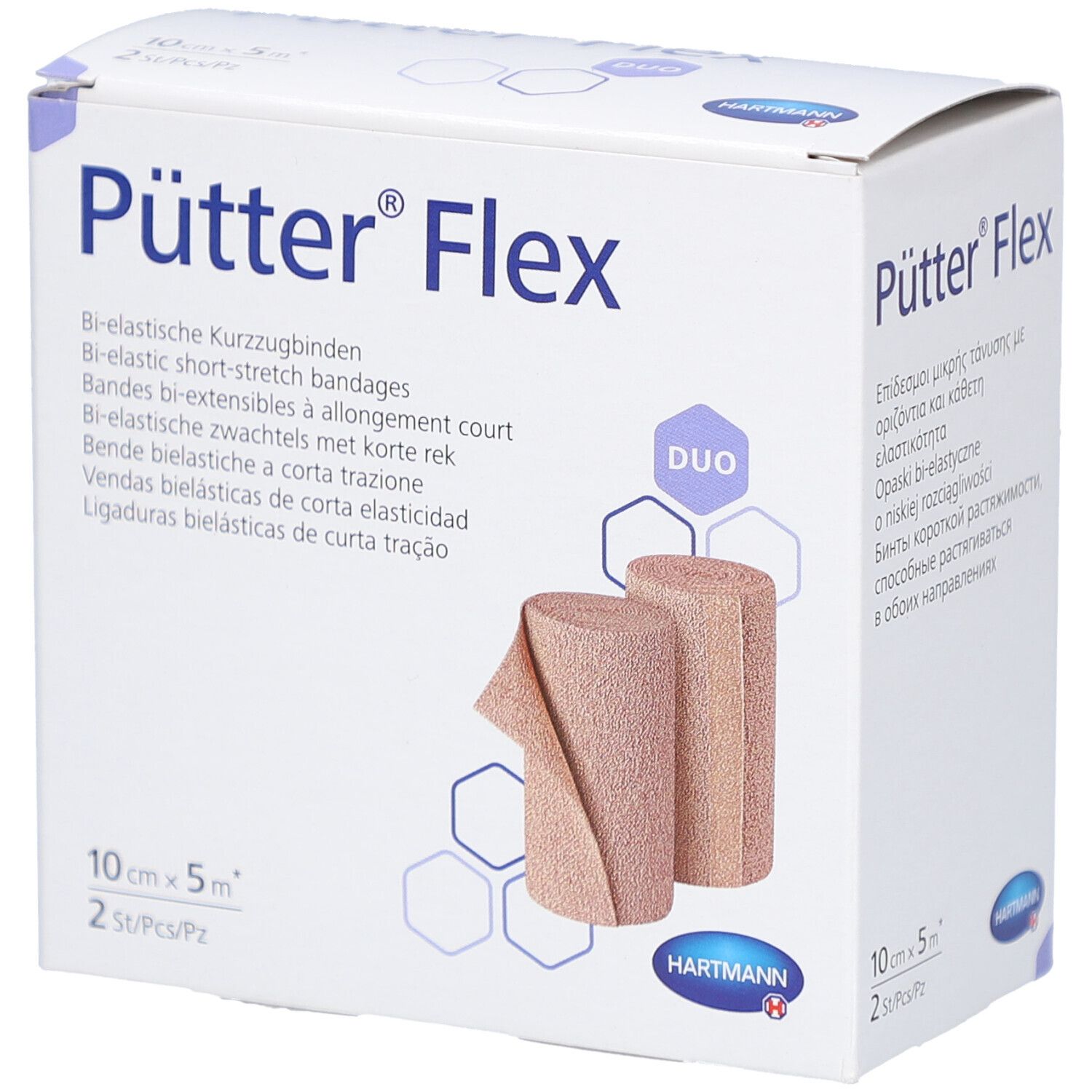 Verpackung von Pütter Flex. Zwei Rollen Kurzzugbinden, 10 cm x 5 m. Duo-Pack. Marke HARTMANN. Weißer Karton.