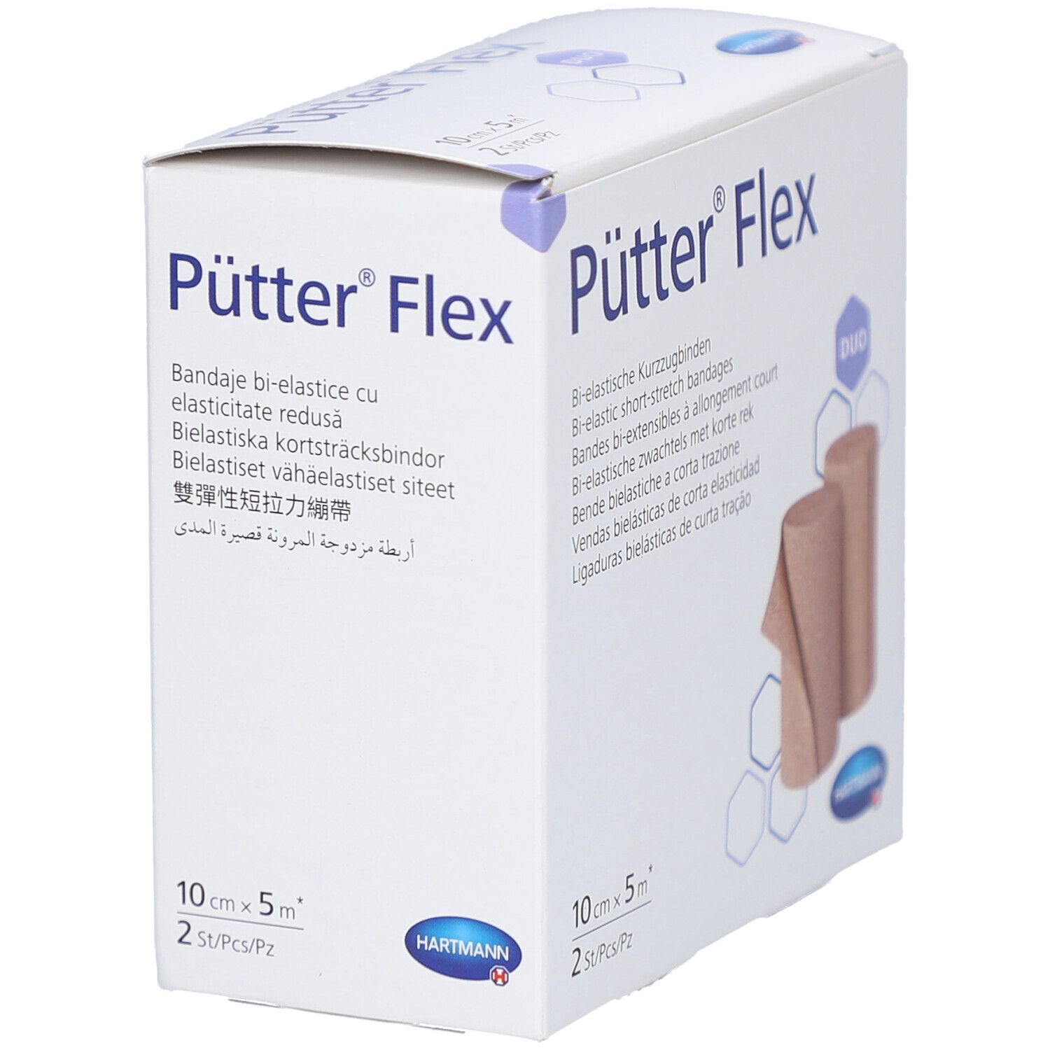 Verpackung von Pütter Flex. Zwei Rollen Kurzzugbinden, 10 cm x 5 m. Marke HARTMANN. Weißer Karton, schräg.