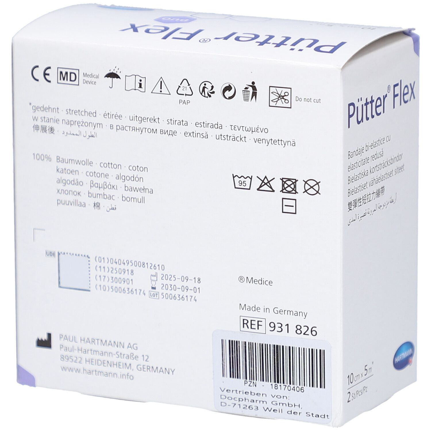 Rückseite der Pütter Flex Verpackung. Informationen zu Material, Hersteller, Chargennummer und Haltbarkeit. CE-Kennzeichnung.