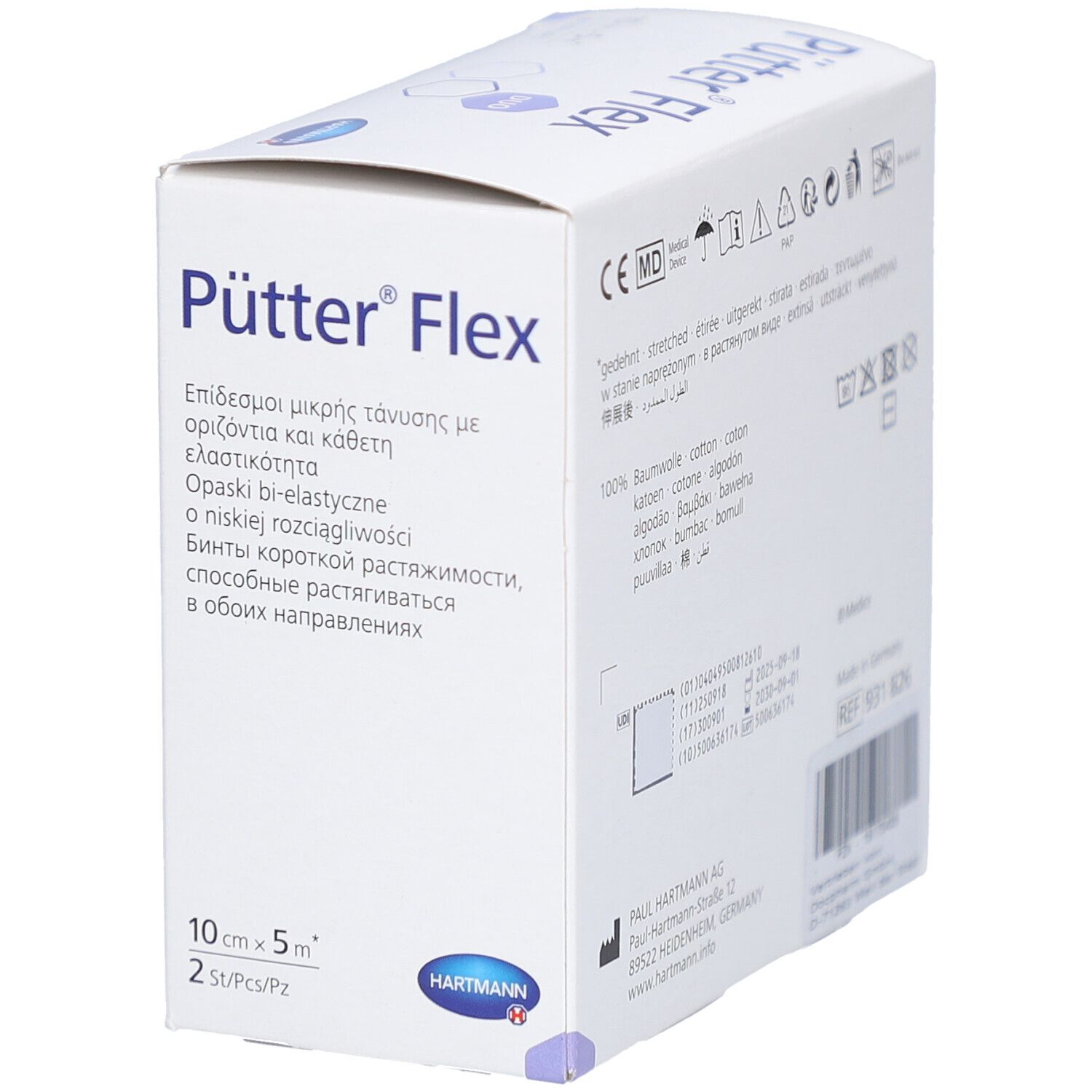 Verpackung von Pütter Flex. Zwei Rollen Kurzzugbinden, 10 cm x 5 m. Marke HARTMANN. Weißer Karton, schräg.