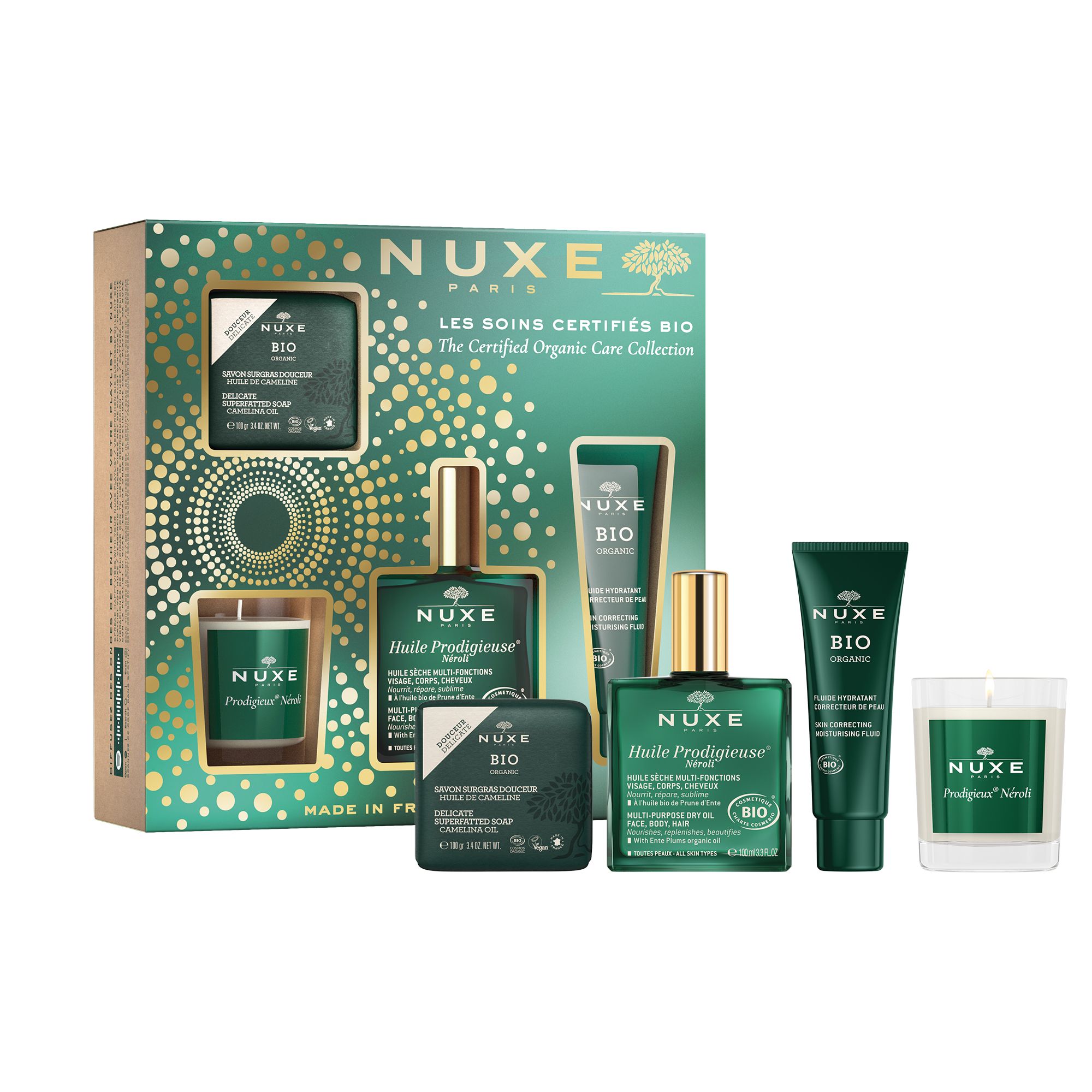 Geschenkset mit NUXE Bio-Produkten. Enthält Seife, Öl, Creme, Kerze und weitere Produkte. Grüne Verpackung.