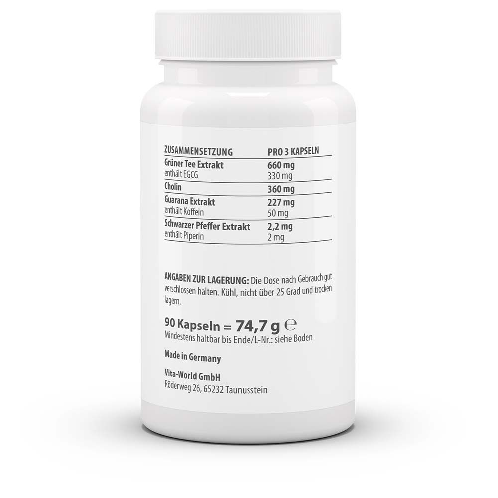 Rückseite der weißen Flasche. Auflistung der Inhaltsstoffe und Lagerungshinweise. 90 Kapseln, 74,7 g.