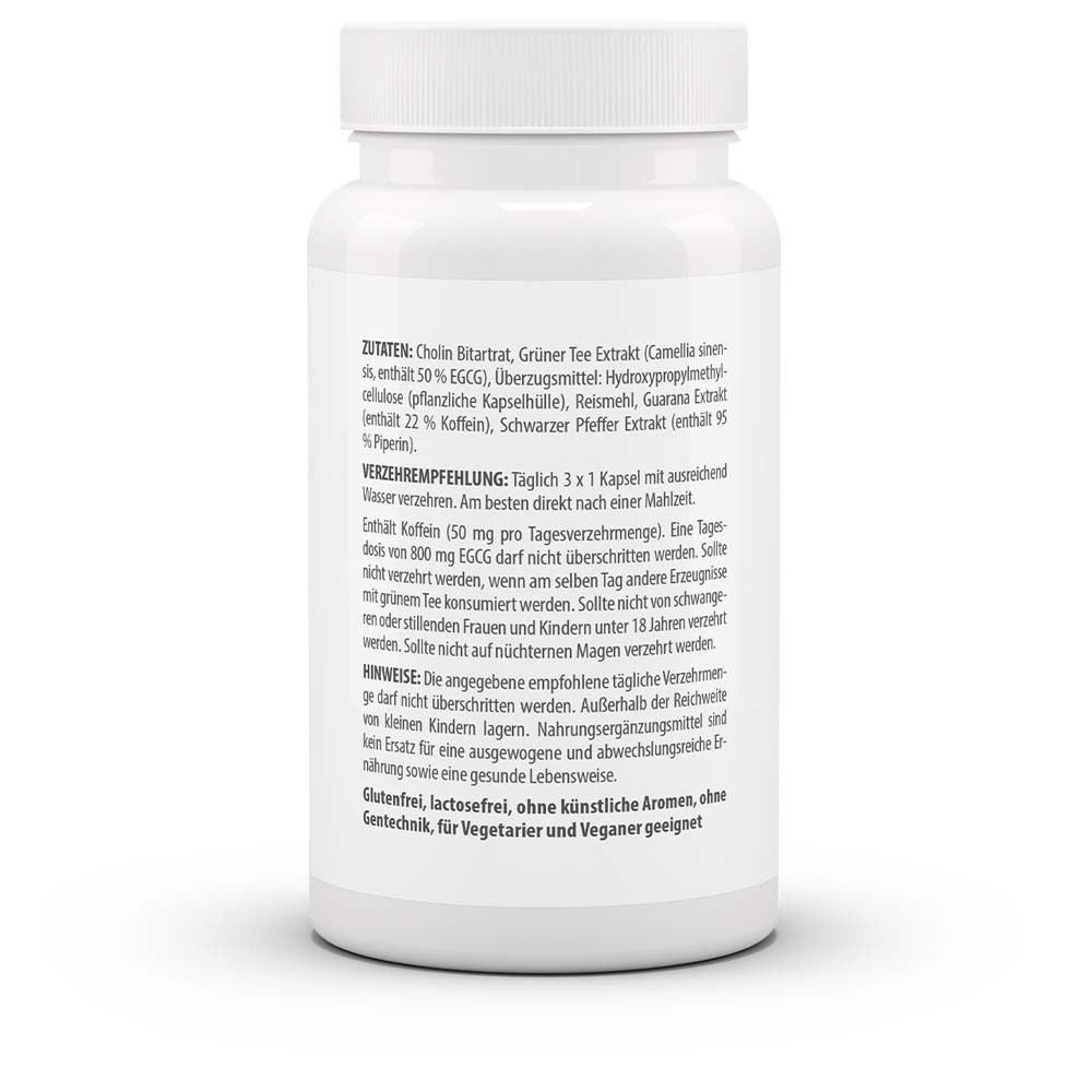 Rückseite der weißen Flasche. Auflistung der Inhaltsstoffe, Verzehrempfehlung und Warnhinweise. Glutenfrei, vegan.