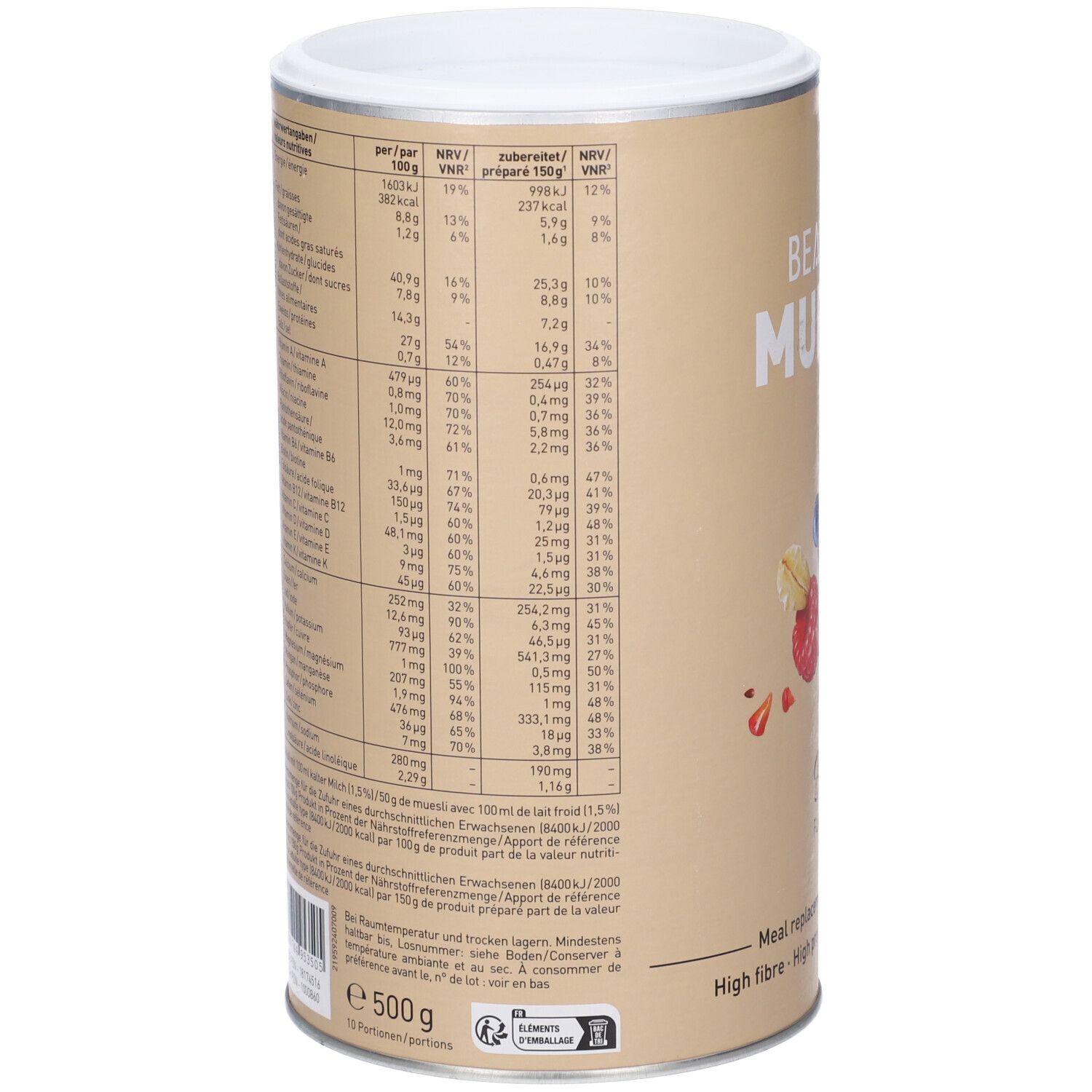 Rückseite der Dose mit Nährwertangaben und Zutatenliste für BEAVITA Vitalkost Diät-Müsli, Beere.
