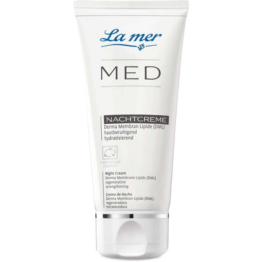 La mer MED Nachtcreme Tube. Weiß, mit blauer Schrift. Enthält Nachtcreme. Marine Care Complex.