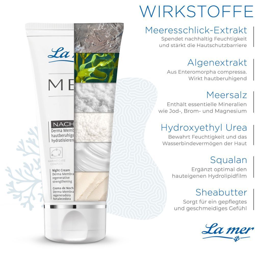 La mer MED Nachtcreme. Inhaltsstoffe: Meeresschlick-Extrakt, Algenextrakt, Meersalz, Hydroxyethyl Urea, Squalane, Sheabutter.