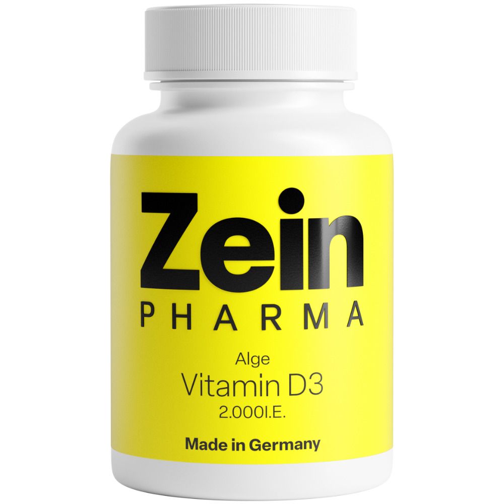 Weiße Flasche mit gelbem Etikett. ZeinPharma, Vitamin D3 2.000 I.E. Made in Germany.