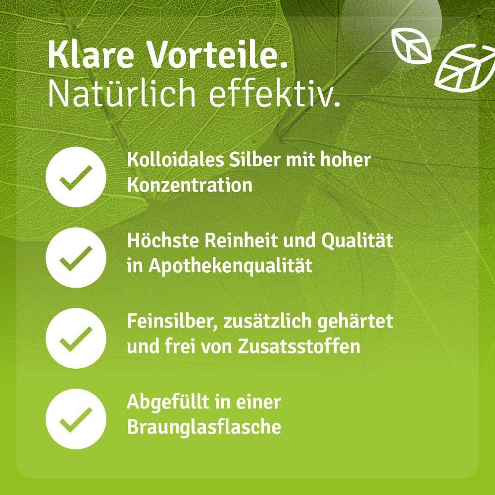 Text mit grünen Häkchen. Text: Klare Vorteile. Kolloidales Silber mit hoher Konzentration, höchste Reinheit und Qualität, abgefüllt in Braunglasflasche.