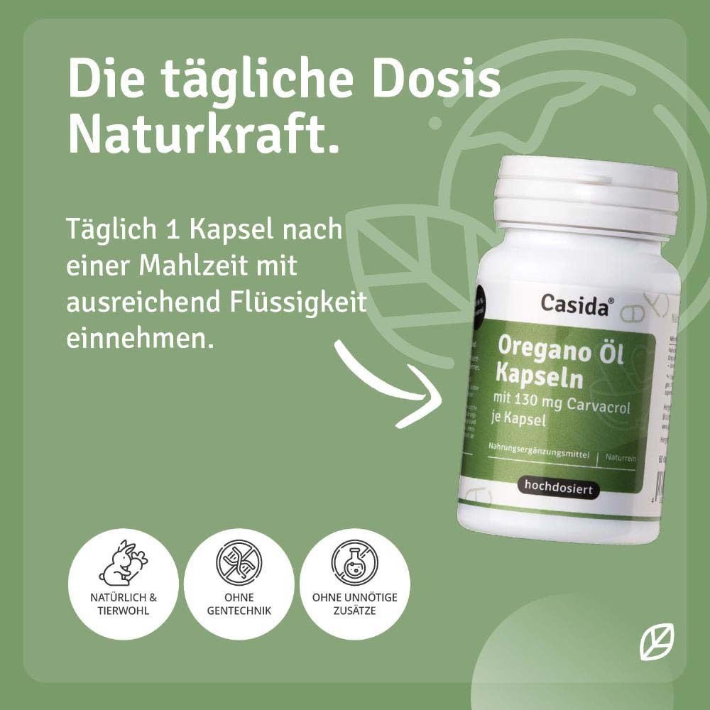 Flasche mit Oregano Öl Kapseln. Text: Die tägliche Dosis Naturkraft. Ohne Gentechnik, Zusätze. Marke: Casida®.