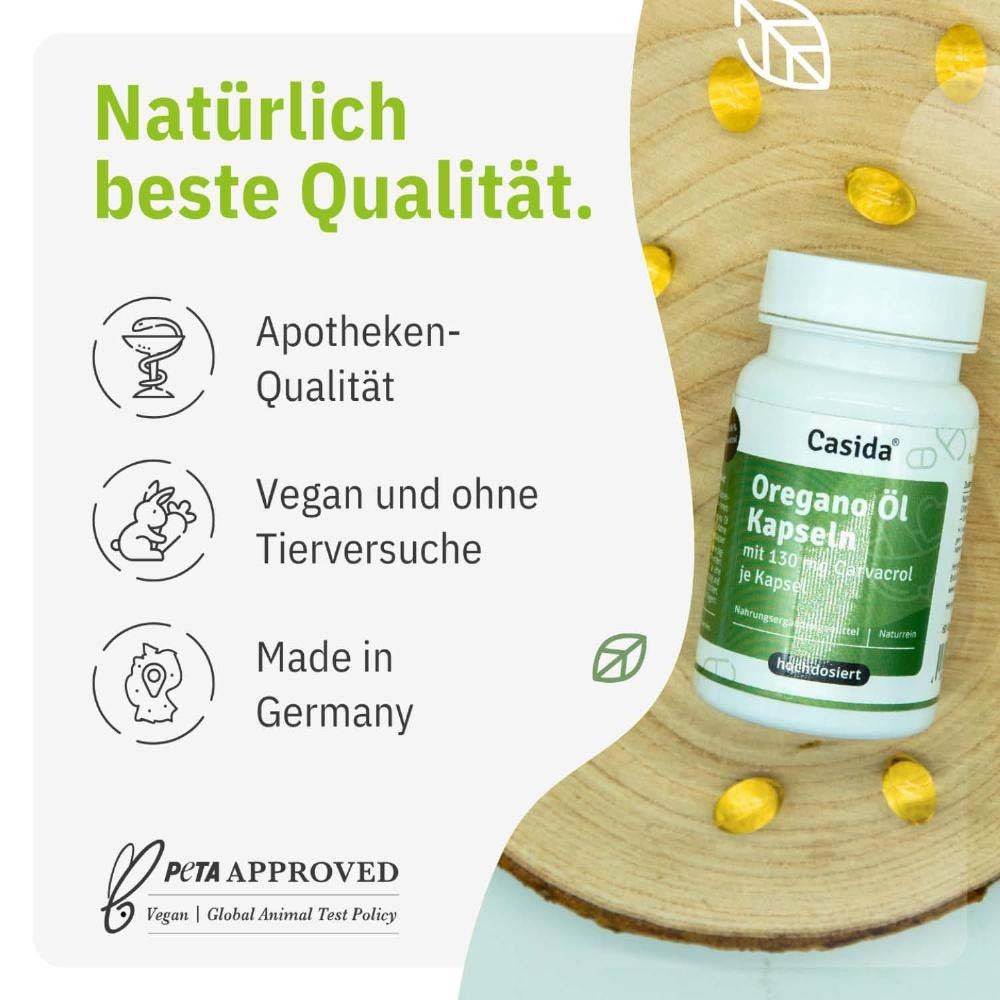 Flasche mit Oregano Öl Kapseln, umgeben von Kapseln. Text: Beste Qualität. Apotheken-Qualität, vegan. Marke: Casida®.
