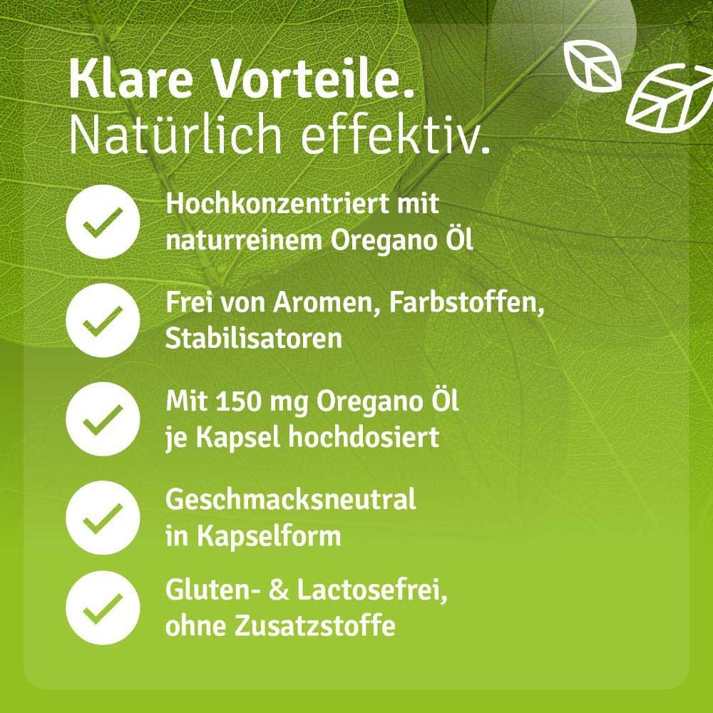 Text: Klare Vorteile. Hochkonzentriert, ohne Aromen, mit 150 mg Oregano Öl. Marke: Casida®.