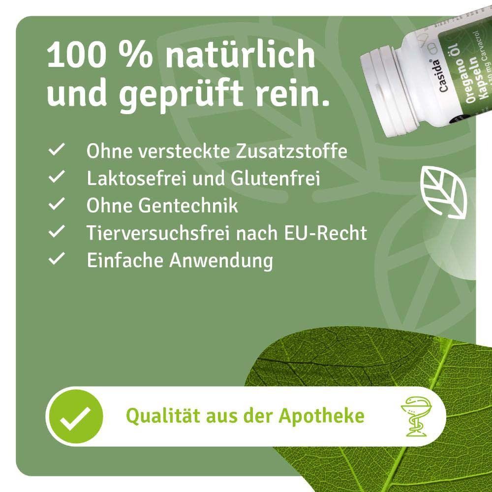 Text: 100% natürlich und geprüft rein. Ohne versteckte Zusätze, laktosefrei. Qualität aus der Apotheke. Marke: Casida®.