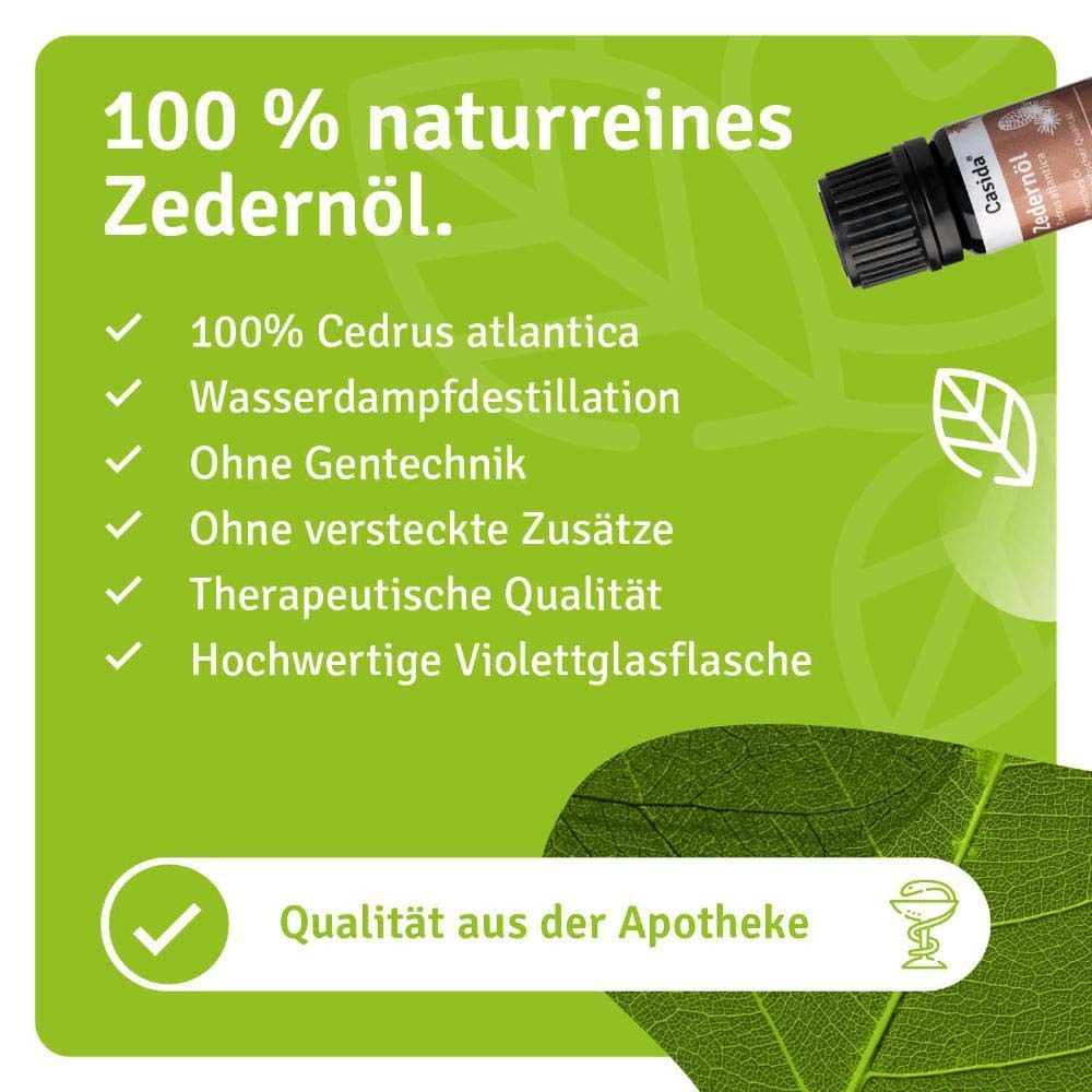 Produktflasche neben Text. Text: 100 % naturreines Zedernöl. 100% Cedrus atlantica, Wasser-dampfdestillation, ohne Gentechnik.
