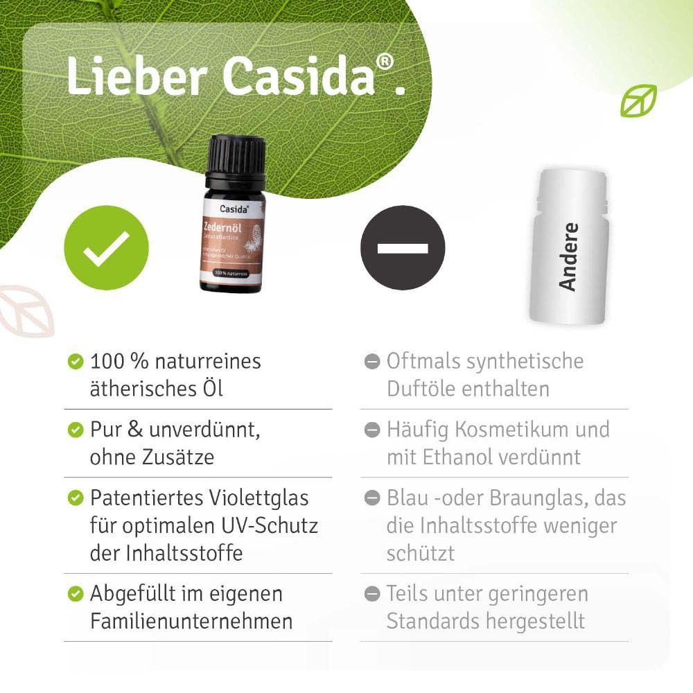 Produktflasche neben Text. Text: Lieber Casida. 100 % naturreines ätherisches Öl. Rein & unverdünnt, ohne Zusätze. Violettglas.