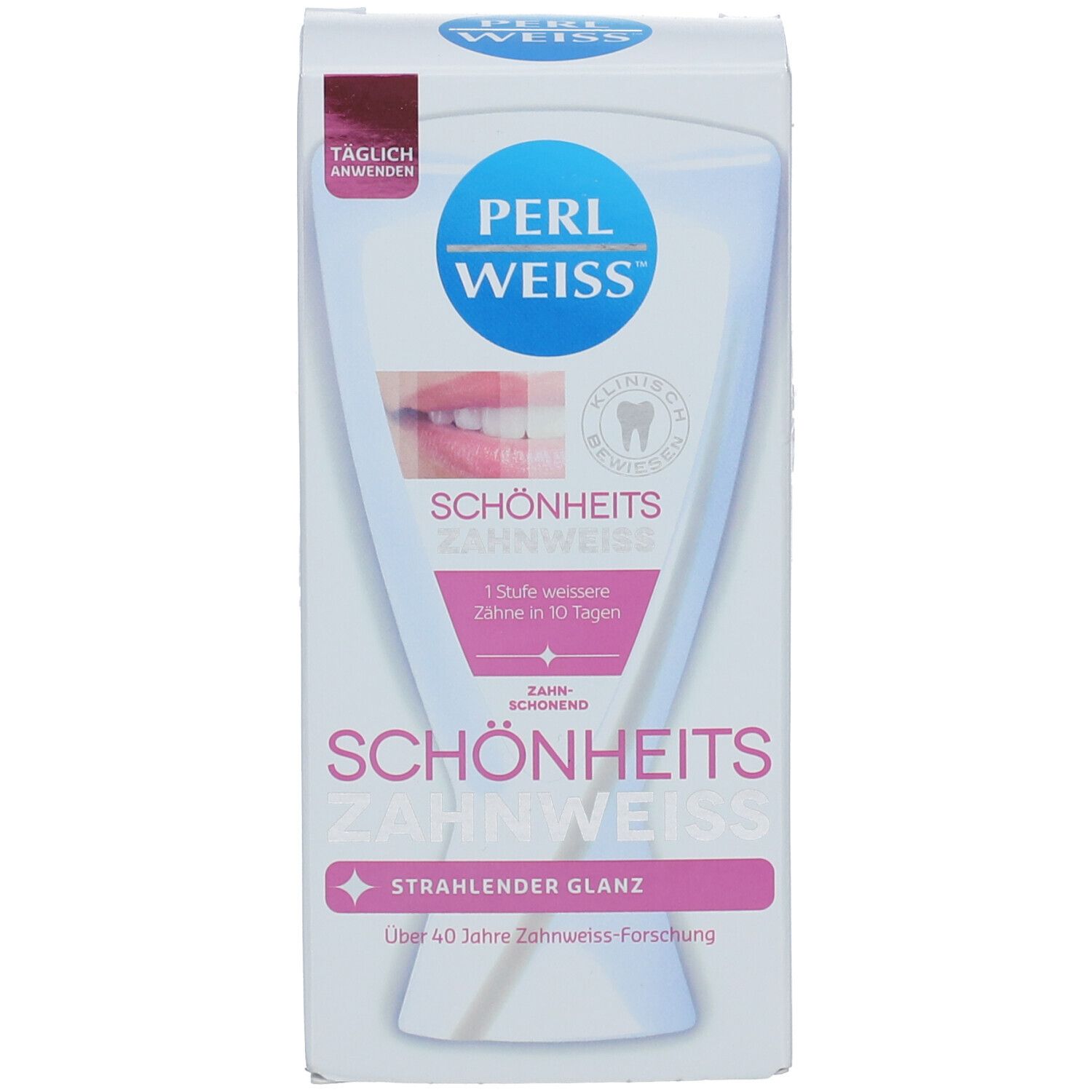 Vorderseite der PERLWEISS Schönheits Zahnweiß Verpackung mit Produktnamen und Bild.