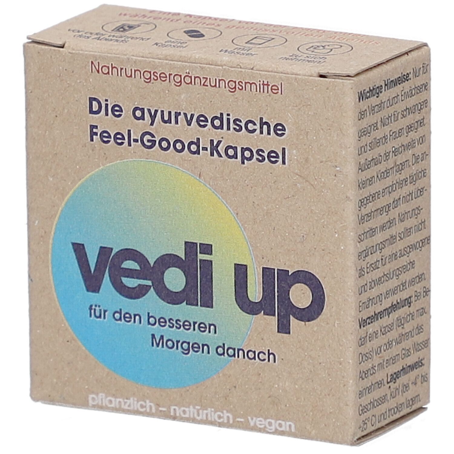 Kartonverpackung mit Produktnamen VEDI UP. Text: Die ayurvedische Feel-Good-Kapsel. Aufschrift: für den besseren Morgen danach.