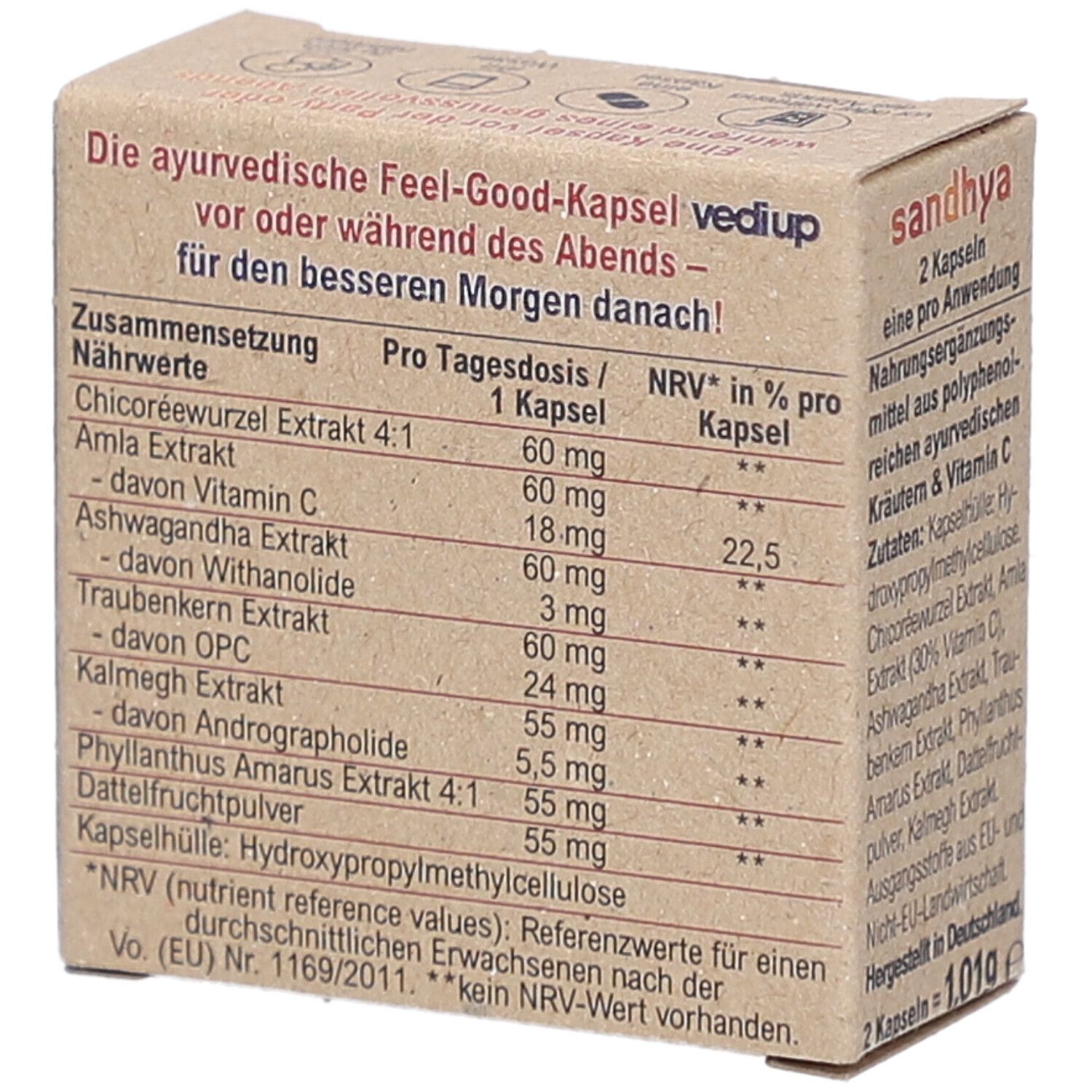 Kartonverpackung mit Produktnamen VEDI UP. Detailansicht der Nährwerttabelle mit Inhaltsstoffen und Dosierung.