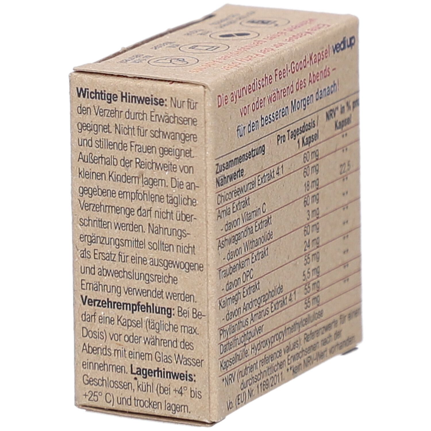 Kartonverpackung mit Produktnamen VEDI UP. Text: Wichtige Hinweise. Enthält Informationen zur Anwendung und Lagerung.