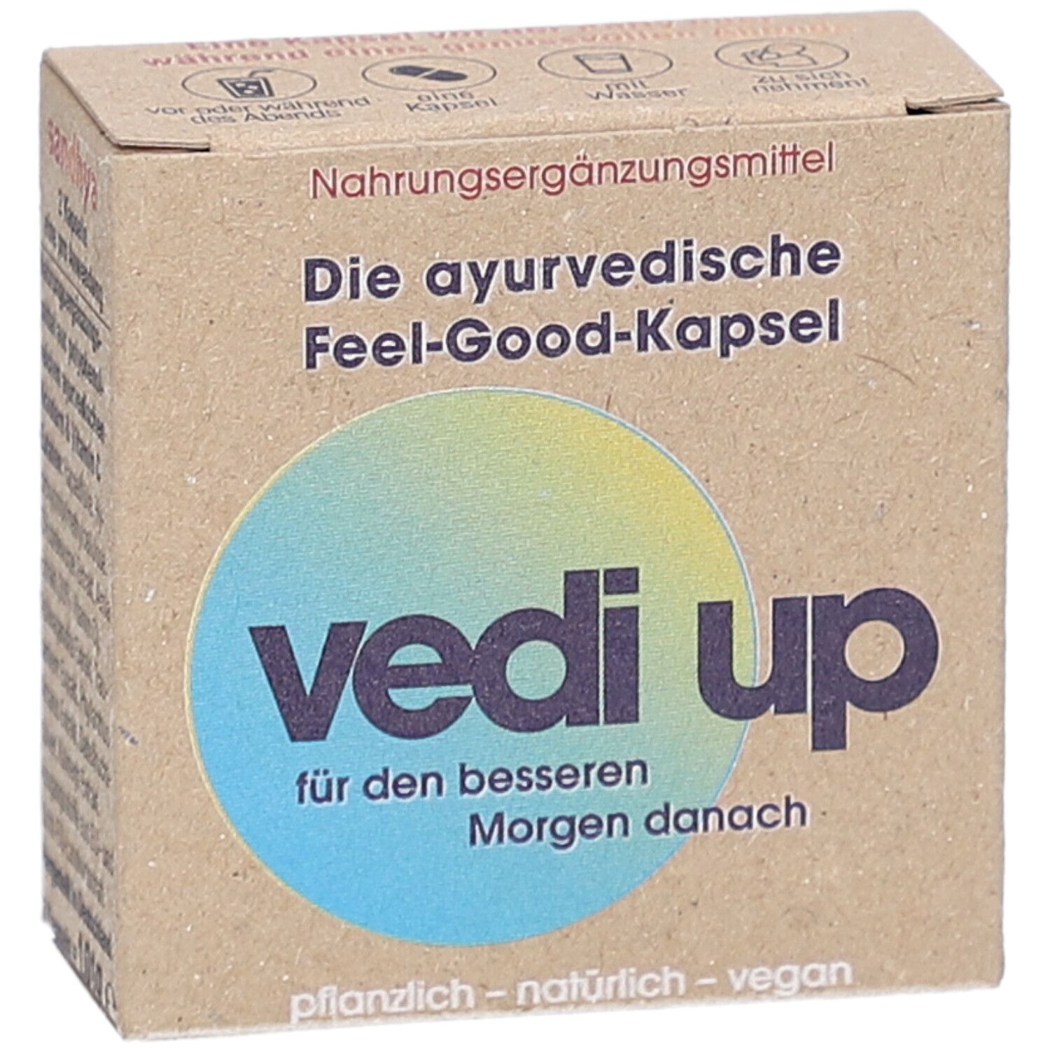Kartonverpackung mit Produktnamen VEDI UP. Text: Die ayurvedische Feel-Good-Kapsel. Aufschrift: für den besseren Morgen danach.