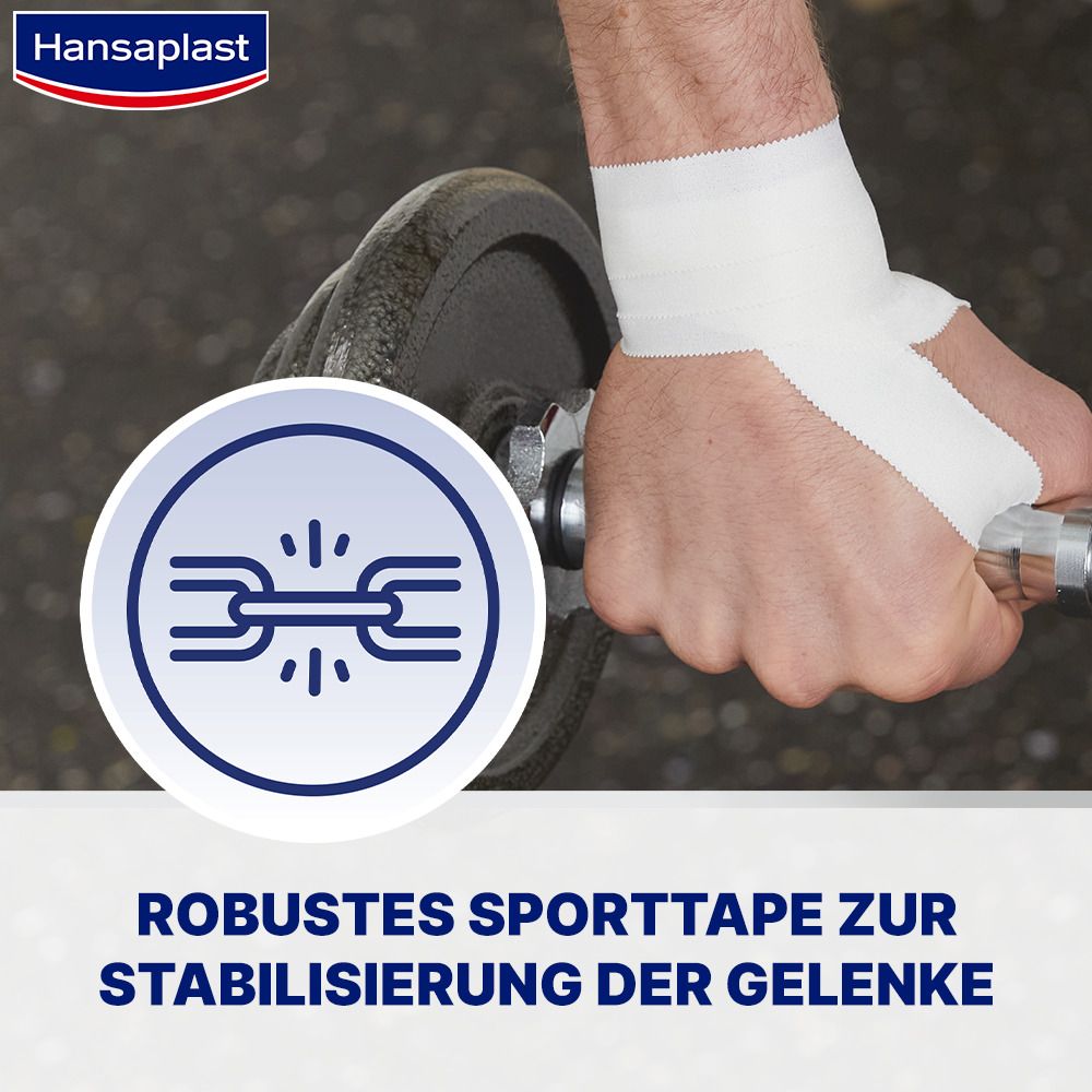 Hand mit Hansaplast Sporttape am Handgelenk, hält eine Hantel. Text: ROBUSTES SPORTTAPE ZUR STABILISIERUNG DER GELENKE.