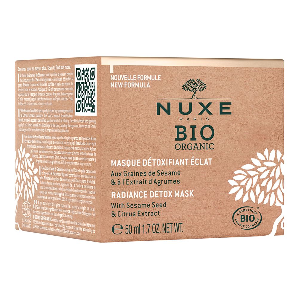Braune Verpackung mit Produktinformationen. Aufschrift: NUXE BIO ORGANIC, Masque Détoxifiant Éclat, Radiance Detox Mask. Bio-Siegel.