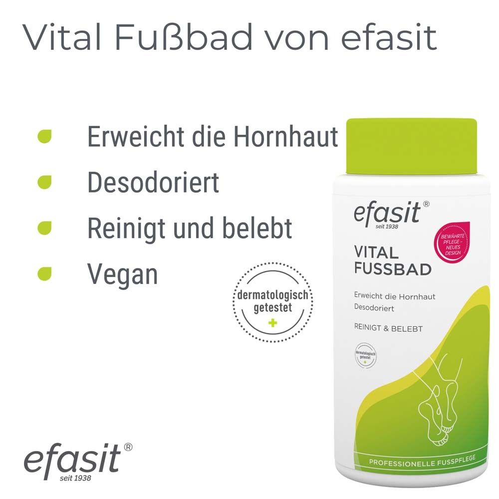 efasit Vital Fußbad. Aufzählung: Erweicht die Hornhaut, desodoriert, reinigt und belebt. Dermatologisch getestet.