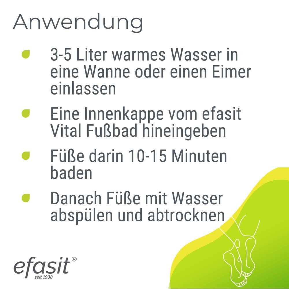 Anwendung: 3-5 Liter warmes Wasser. Eine Kappe efasit Vital Fußbad. Füße 10-15 Minuten baden. Füße abspülen.