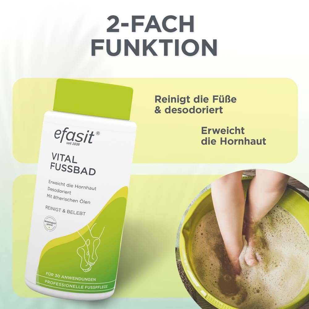 Weißes Gefäß mit grünem Deckel. Aufschrift: efasit Vital Fußbad. Füße in gelber Schüssel. 2-Fach Funktion.