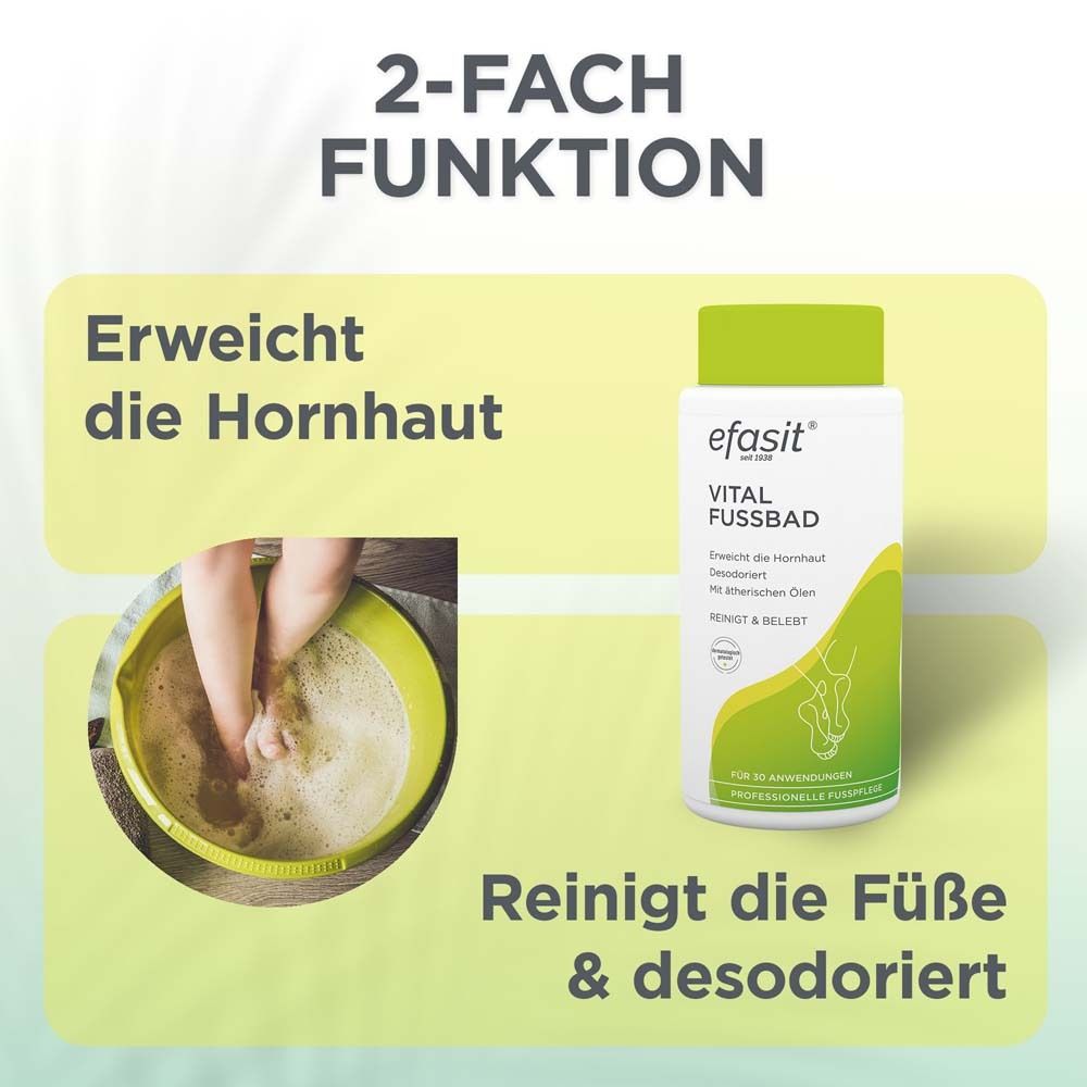 Weißes Gefäß mit grünem Deckel. Aufschrift: efasit Vital Fußbad. Füße in gelber Schüssel. 2-Fach Funktion.