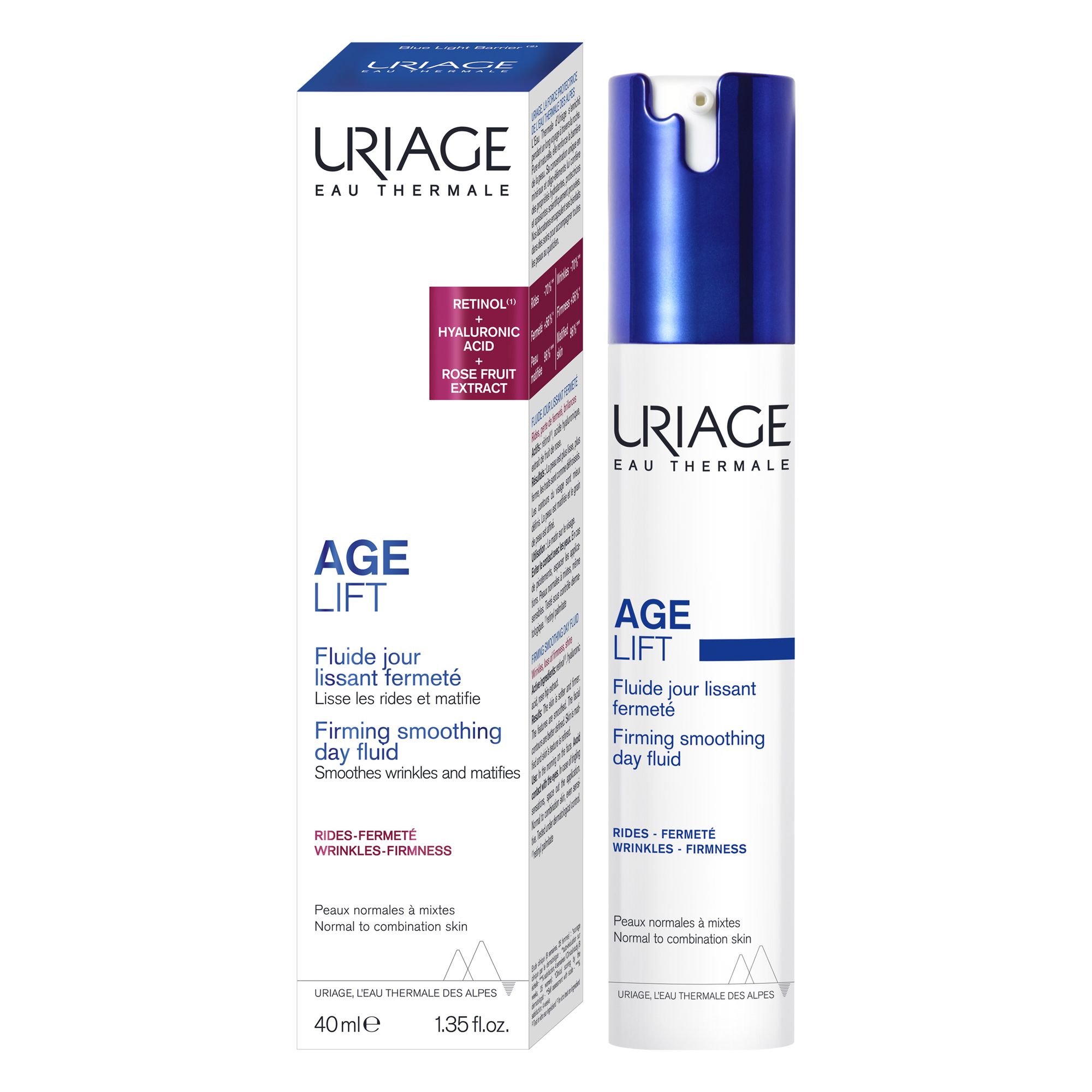 Uriage Age Lift Tagesfluid und Verpackung. Flasche und Karton. Enthält Retinol, Hyaluronsäure.