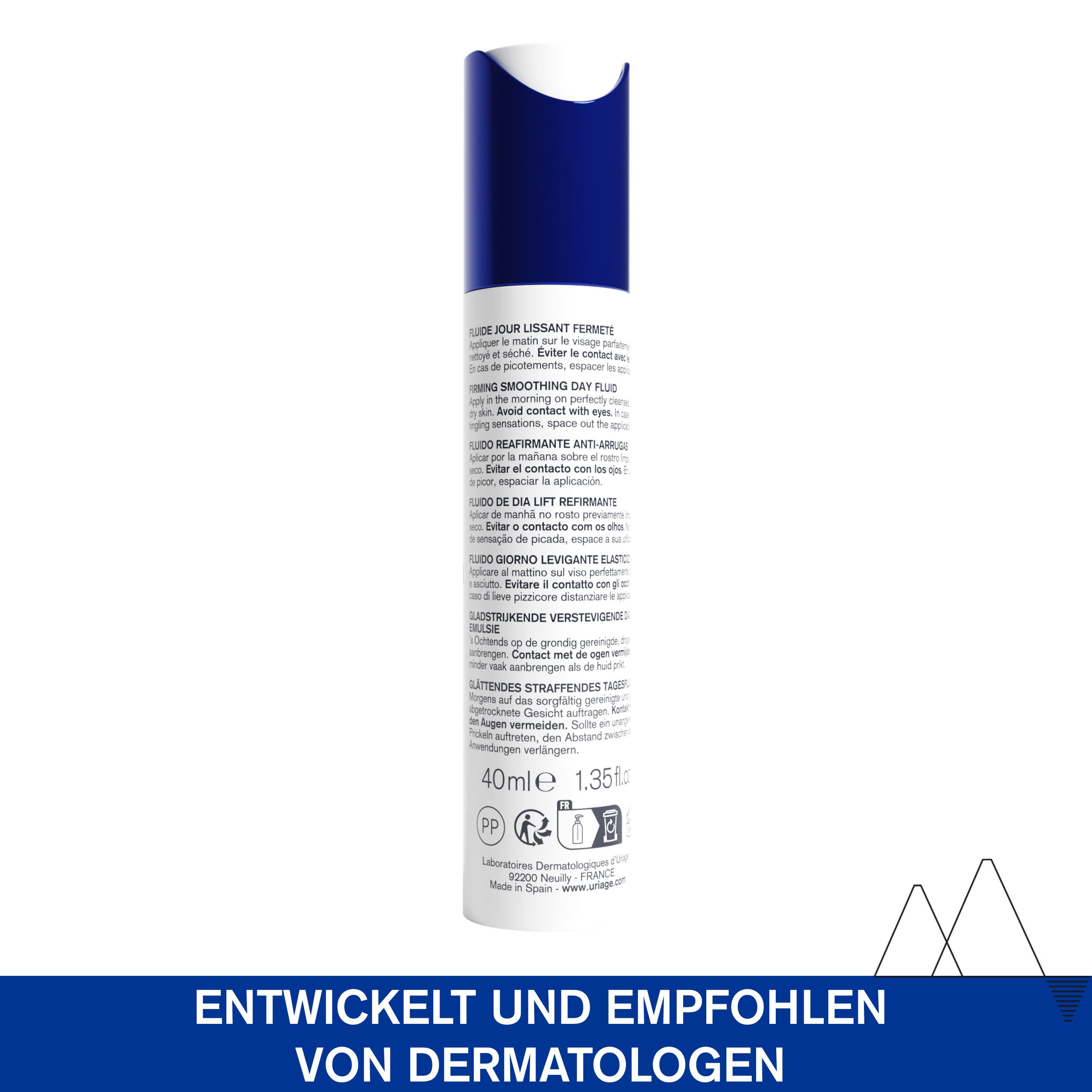 Rückseite der Uriage Age Lift Flasche. Text in mehreren Sprachen. Entwickelt und empfohlen von Dermatologen.
