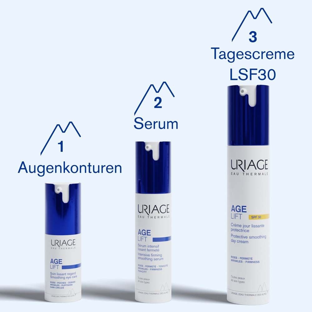 Uriage Age Lift Produkte: Augenkonturen, Serum, Tagescreme LSF30. Blaue und weiße Verpackung.