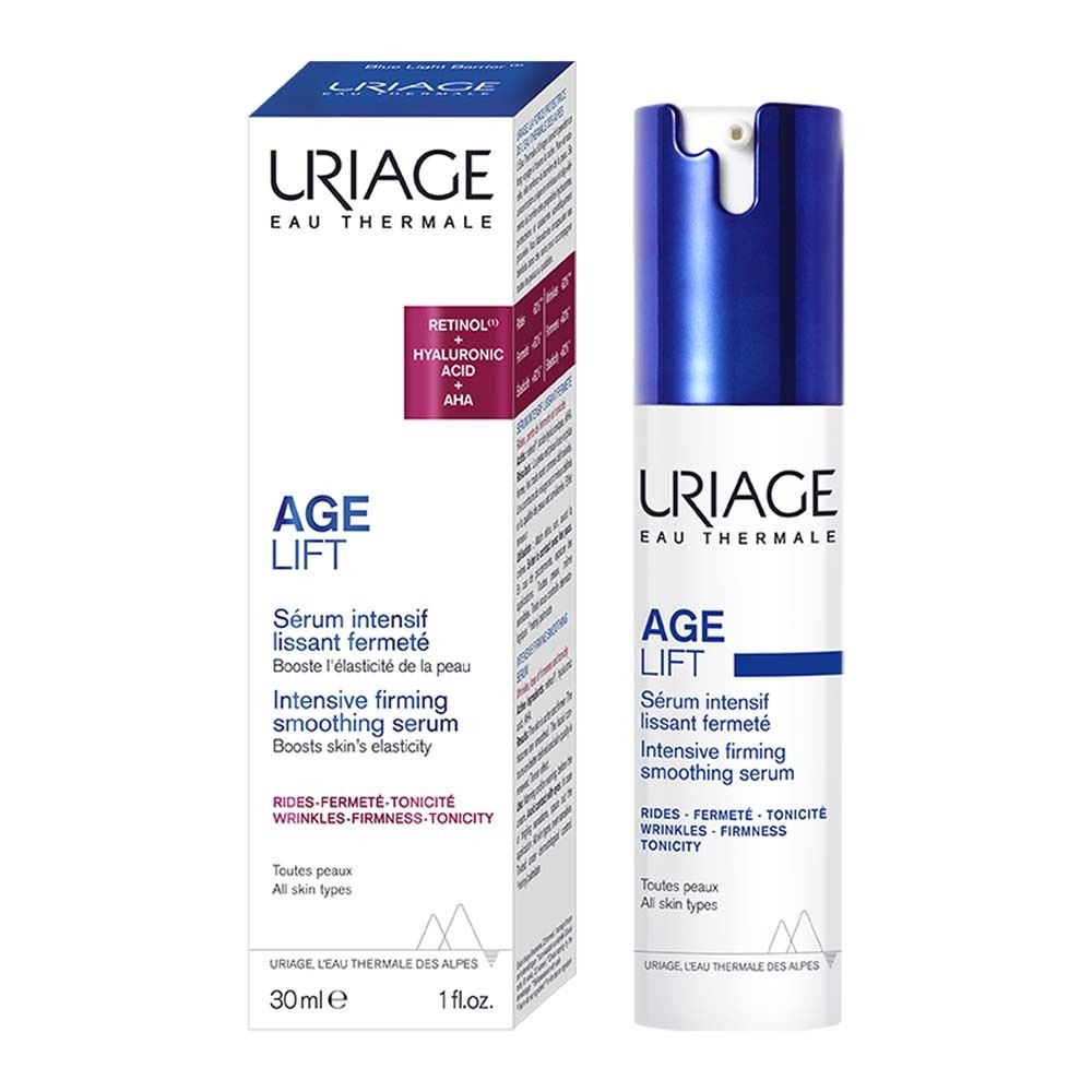 Uriage Age Lift Serum und Verpackung. Weiß-blaue Flasche, Text: Serum, 30ml, 1 fl.oz.